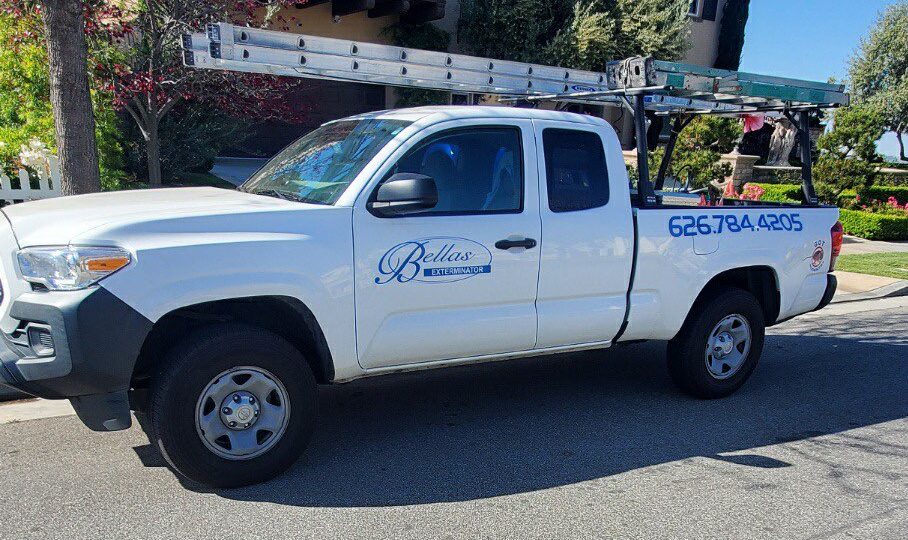 truck from our pest control company bellas exterminator in front of a house with a ladder on the roof