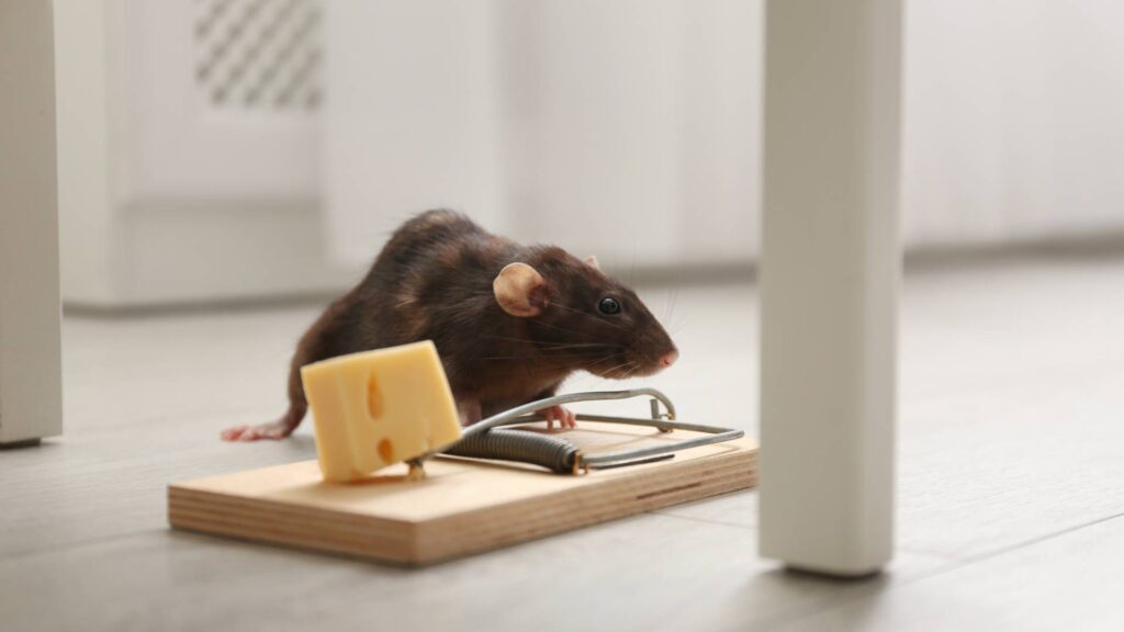 a mouse attracted by a bait over a snap trap in What to Use as Bait for Mouse Traps