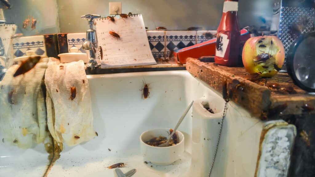 multiple cockroaches feeding on a kitchen sink from all the loftovers and dirty stuff on the surface on : what does a hissing cockroach eat 