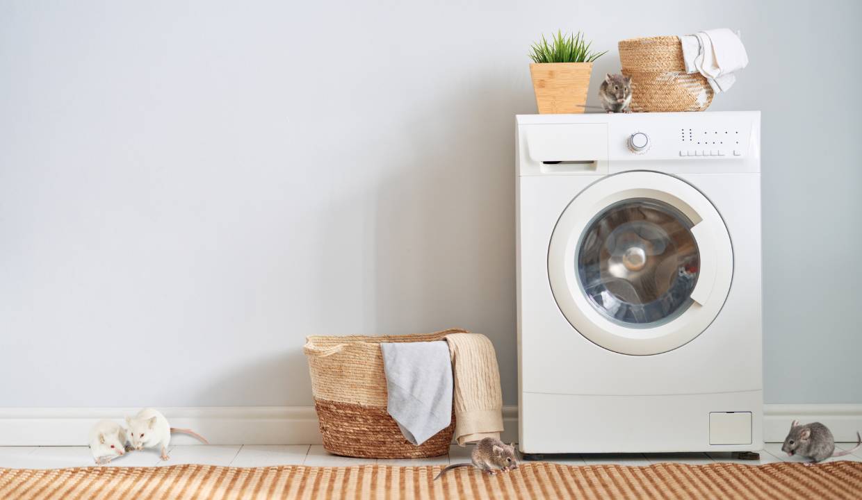 white washing machine in a laundry room with mice inside due to a mice infestation soon to be handled by bellas exterminator.