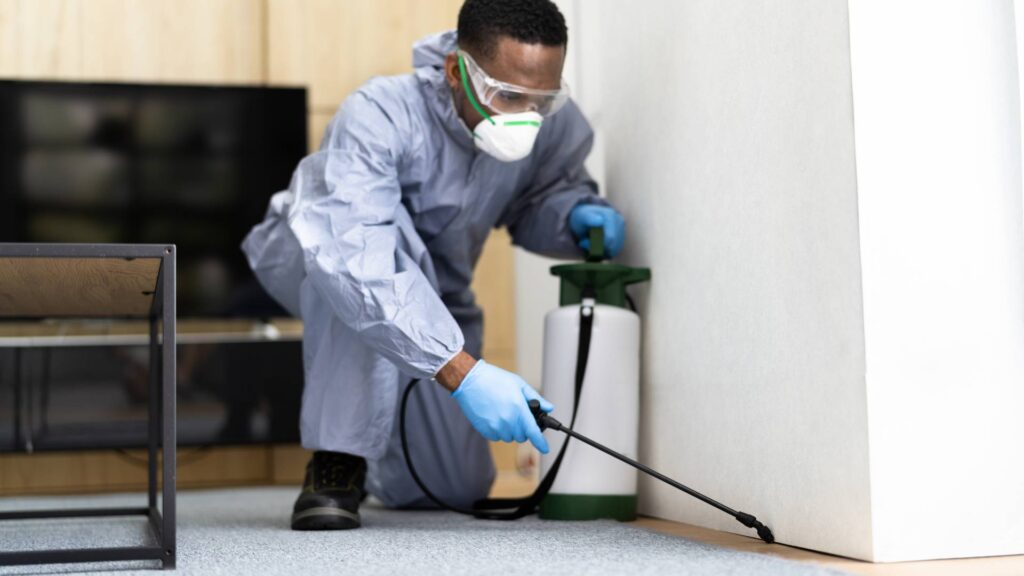 a pest control technician doing termite treatment in house after another one 