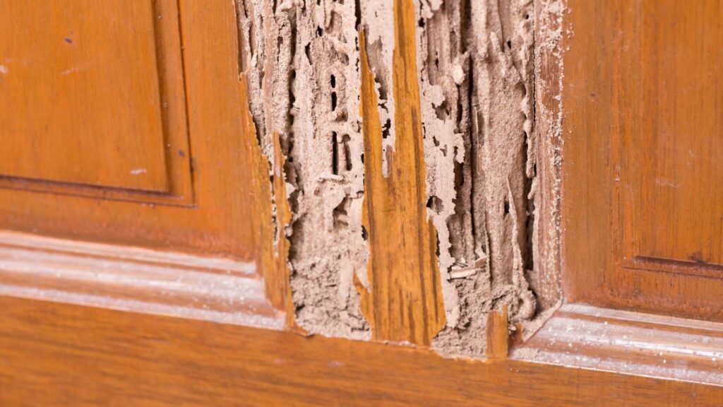 The wood door with termites damage treatment of termites at home