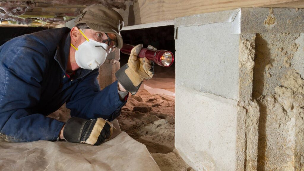 Home inspector looks for termites in residential home's crawl space to prevent them a choose the best way to kill them 