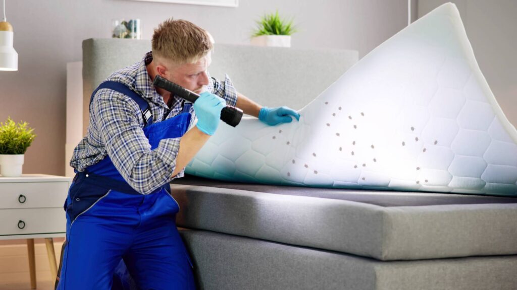 man inspecting bed for bed bugs to illustrate how much deos bed bug house treatment cost