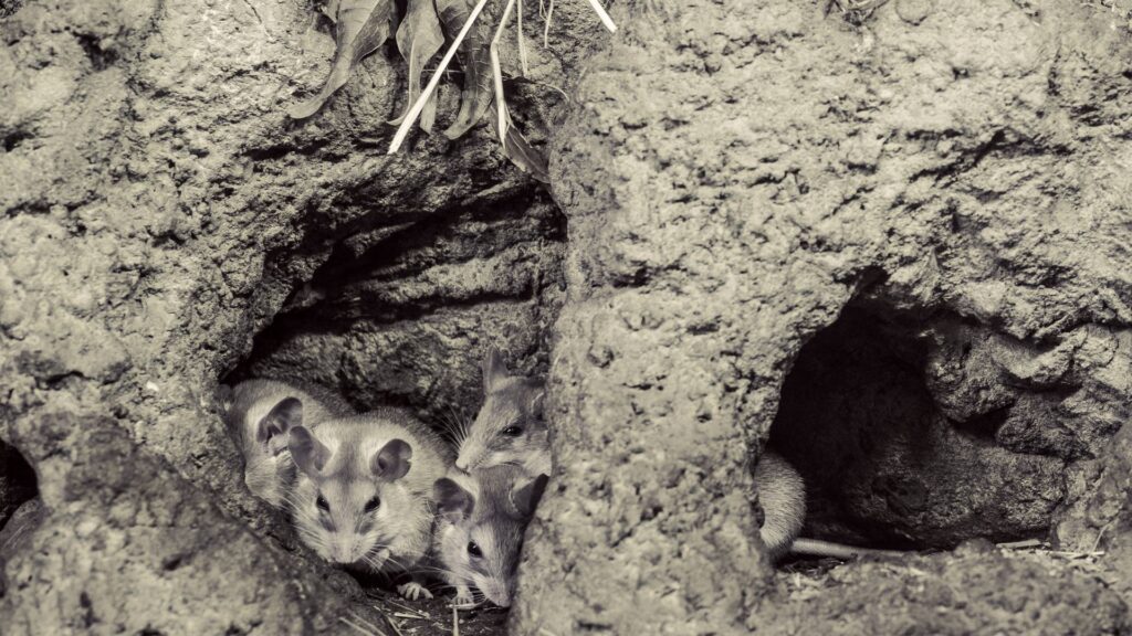 mice in a hole with a black and white filter to illustrate why do mice make hole in walls