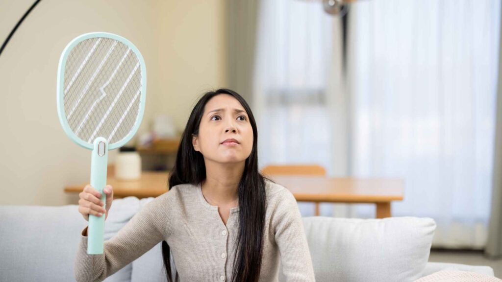 woman with a mosquitoe and fly killer and How to Find Mosquito Nest in House