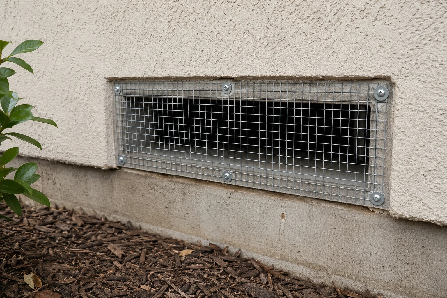 Rodent exclusion mesh installed over a foundation vent to prevent entry
