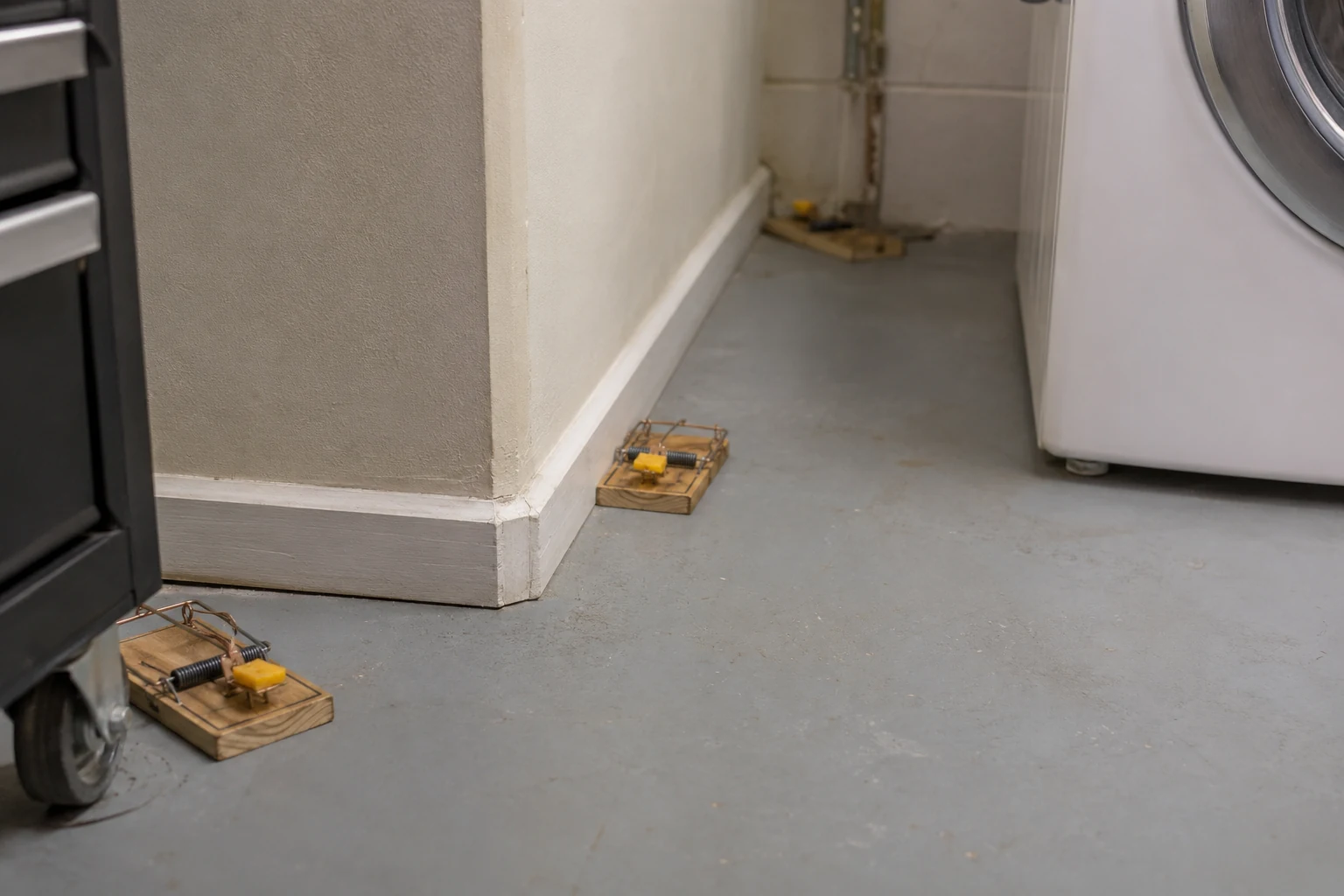 Snap trap placed along a wall where rodents travel