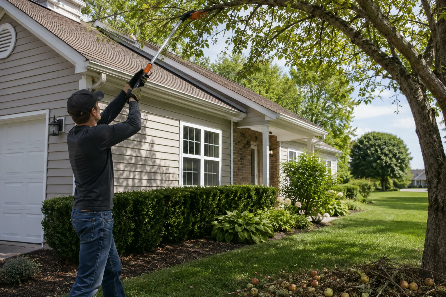 Yard maintenance and tree trimming to help prevent roof rats near the home