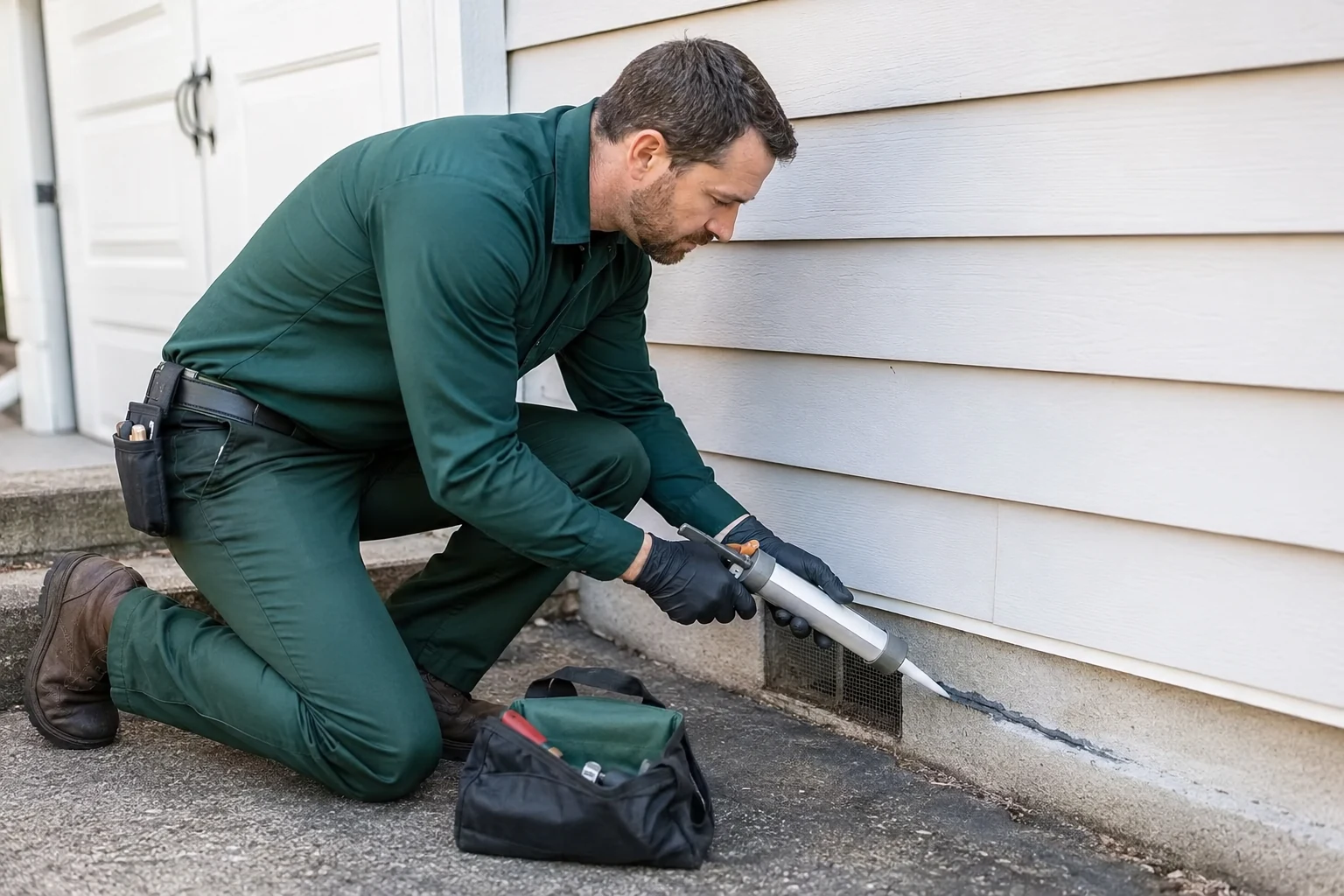 Bellas Exterminator technician performing professional rodent exclusion service at a home