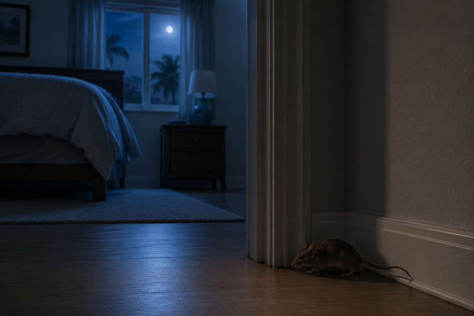 House mouse on a wooden floor at night near a bedroom wall
