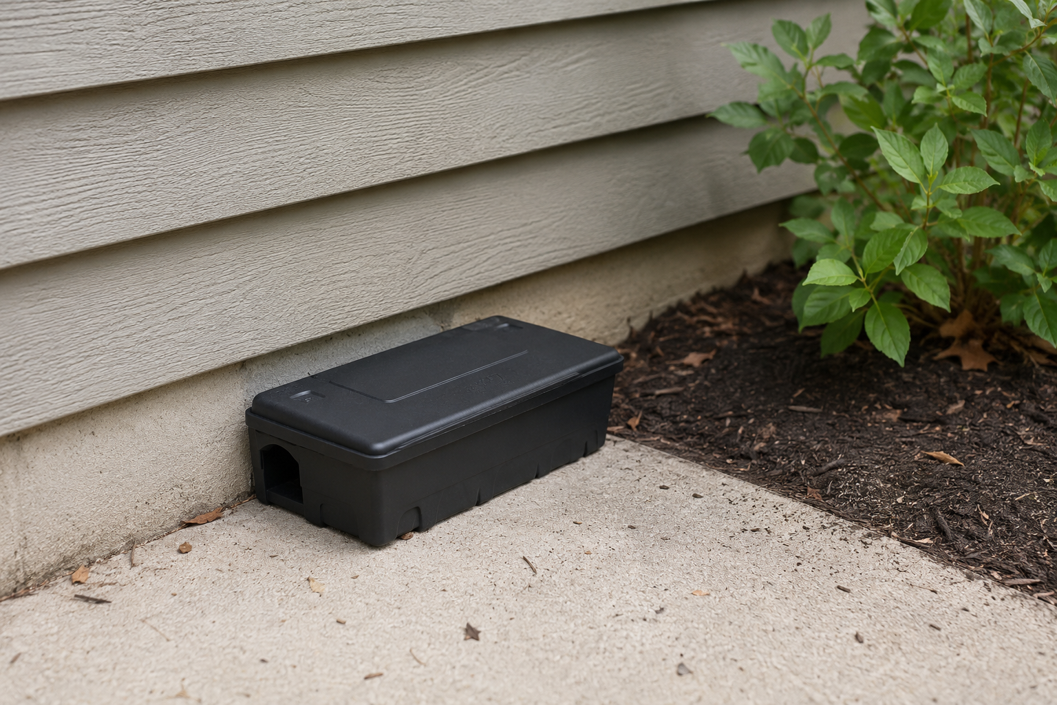 Tamper-resistant rodent bait station placed along an exterior wall