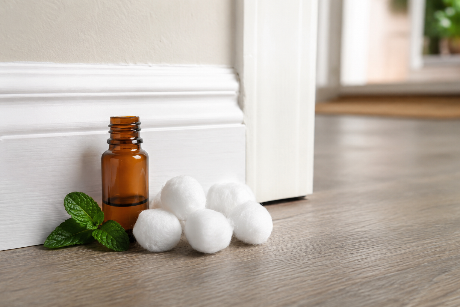 Peppermint essential oil bottle with cotton balls near a baseboard