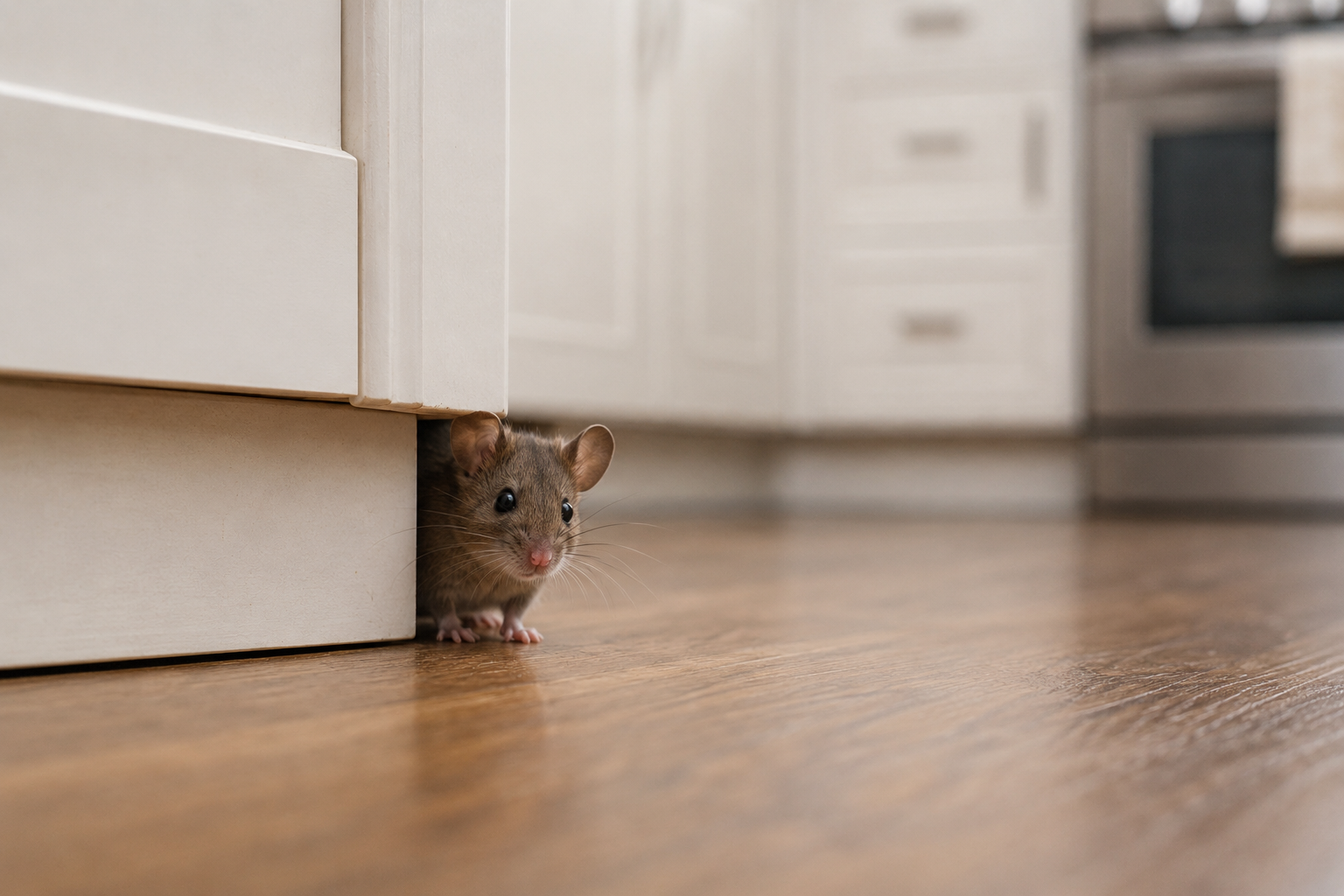House mouse peeking out from behind a kitchen cabinet