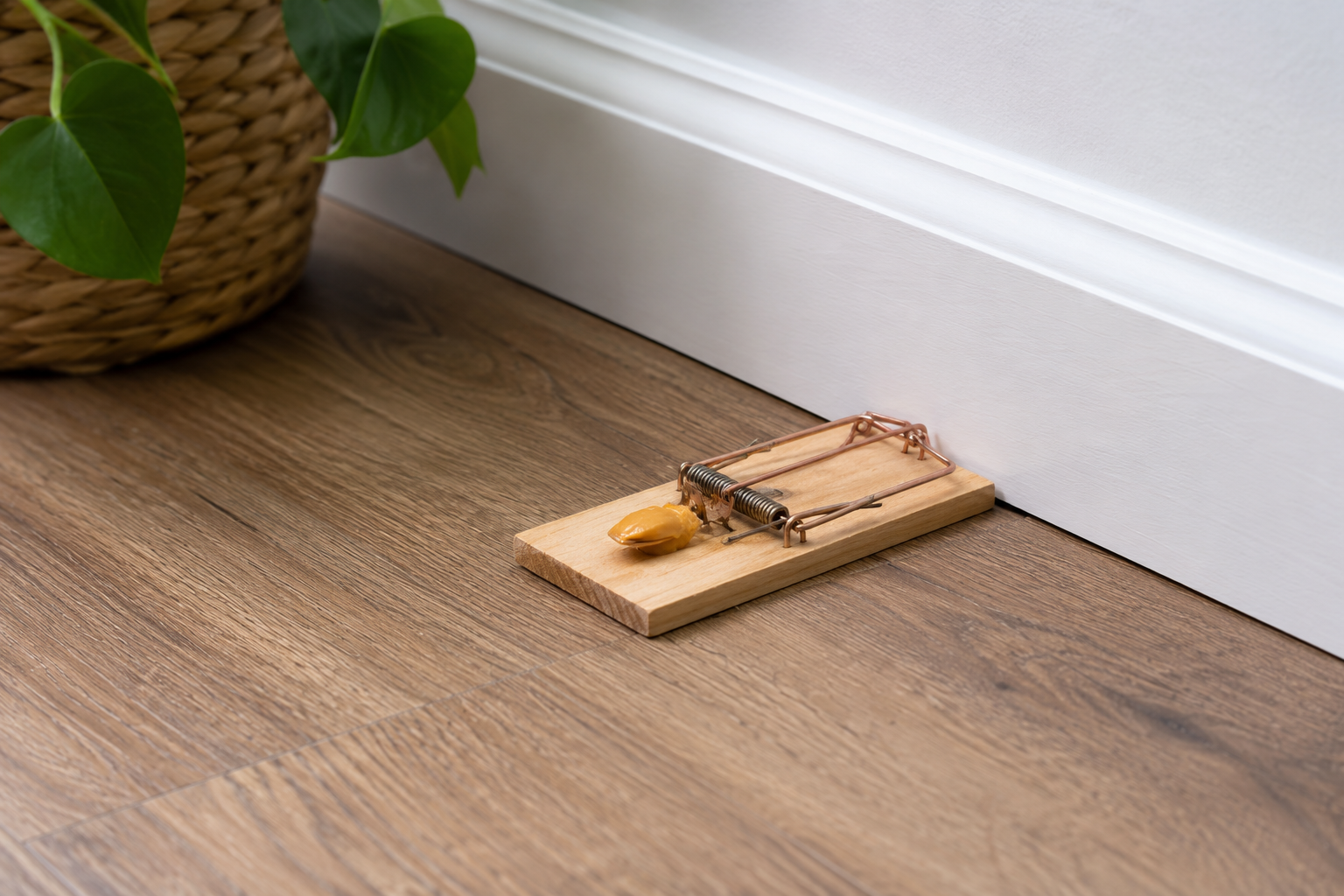 Wooden snap trap baited with peanut butter set along a wall