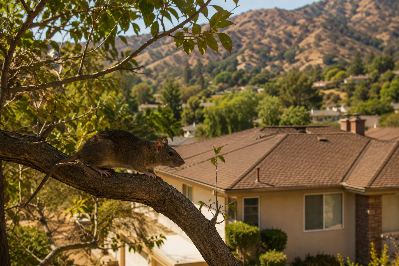 Roof rat on a tree branch near a foothill home in late summer