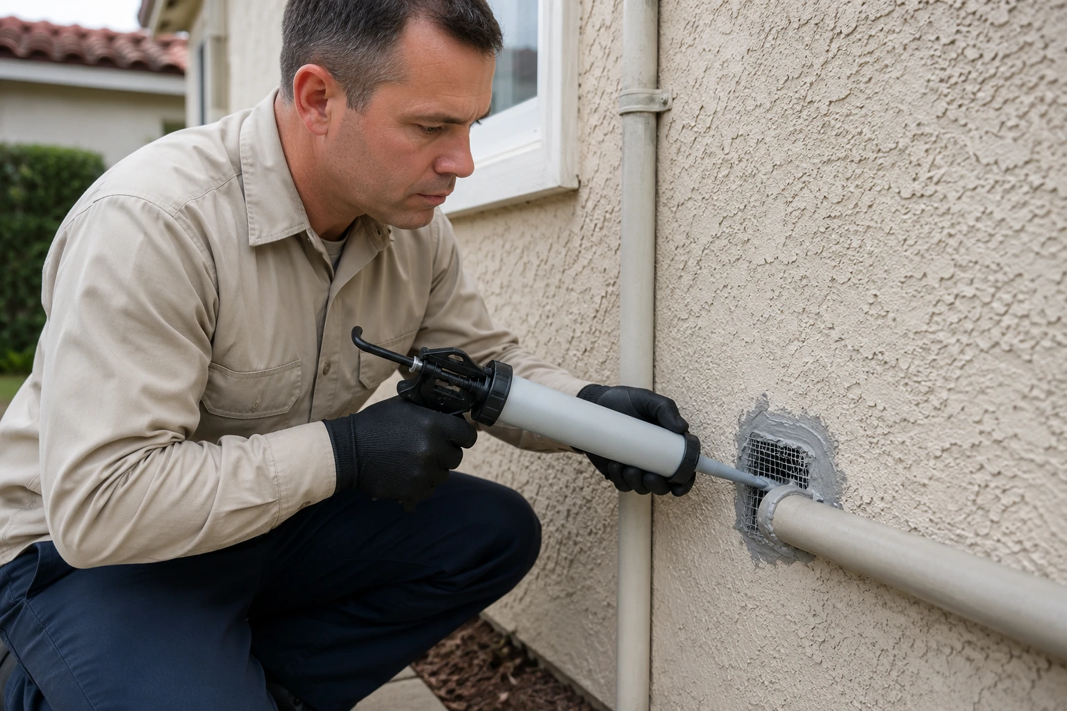 Pest technician sealing a rodent entry point around a pipe on a home exterior