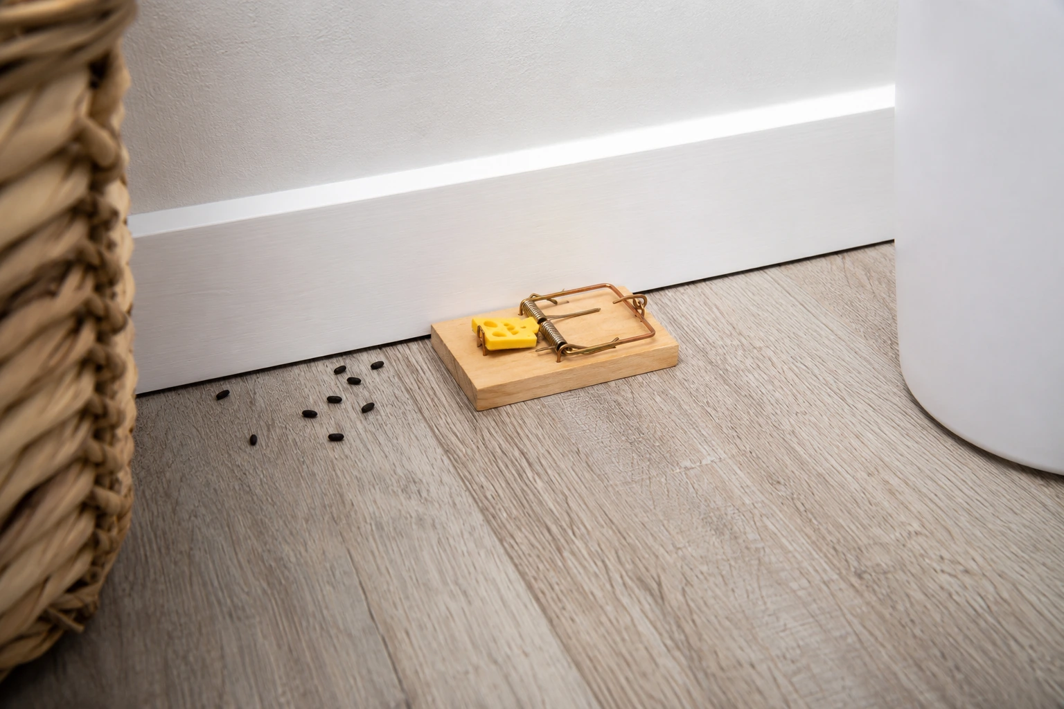 Snap trap placed flush against a baseboard near rodent droppings